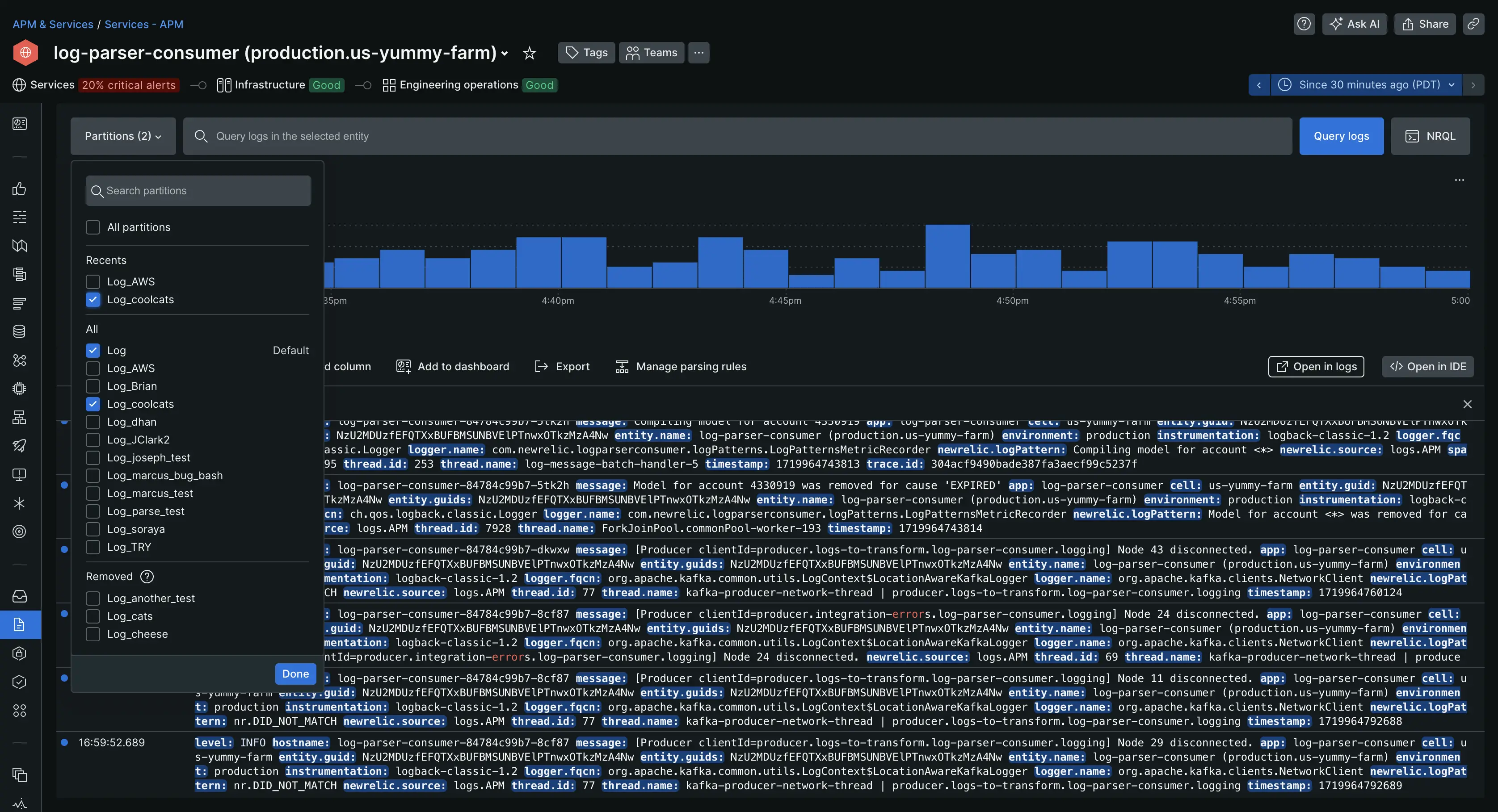 Data partition selection menu in APM log summary.