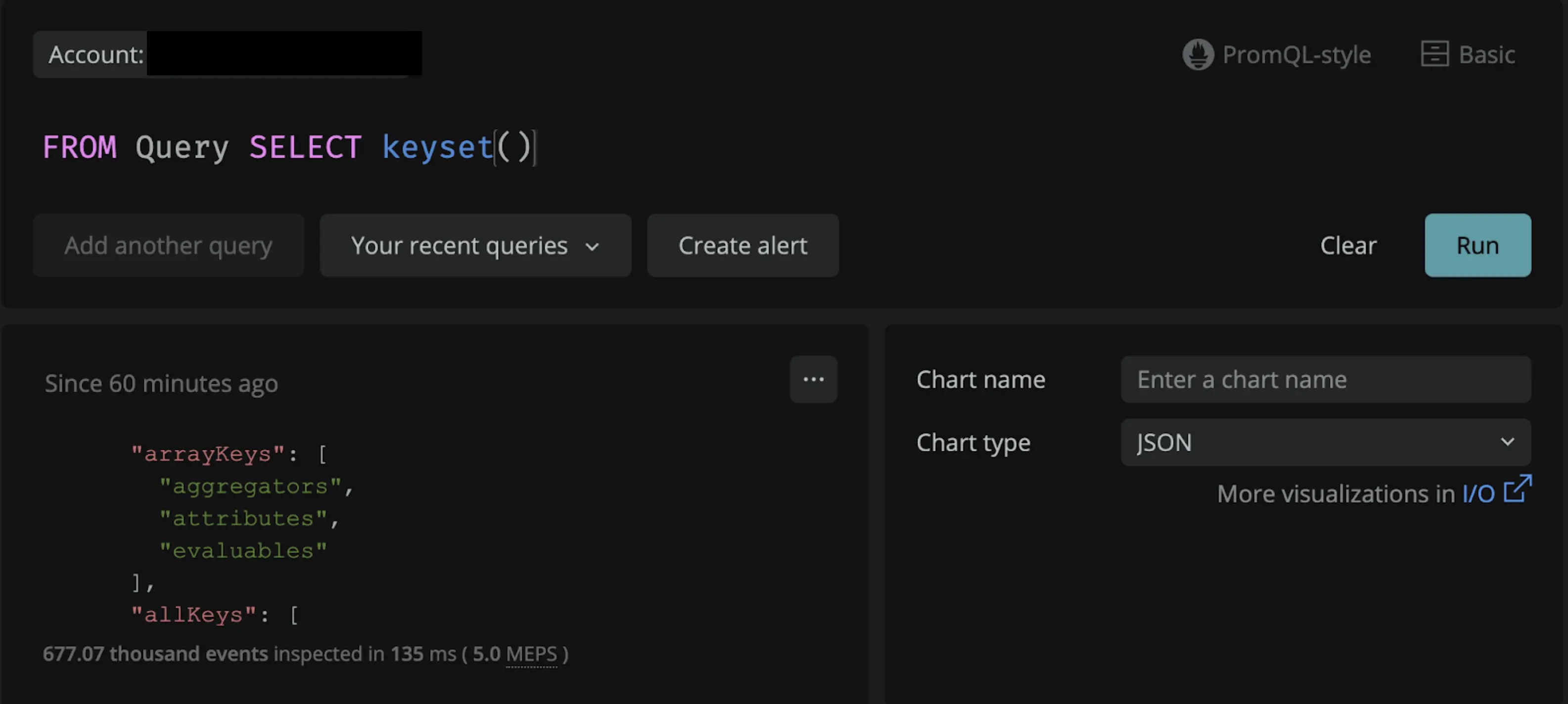 A screenshot of a NRQL query. The query is "from query select keyset()".