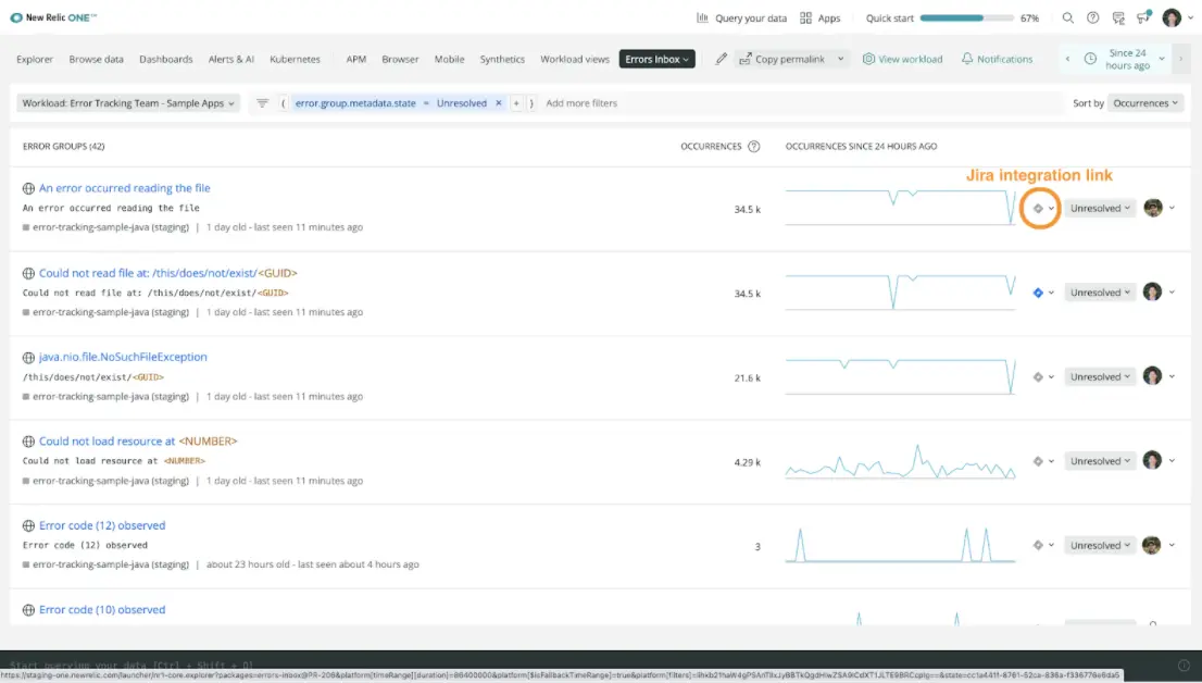 A screenshot showing the New Relic Jira integration