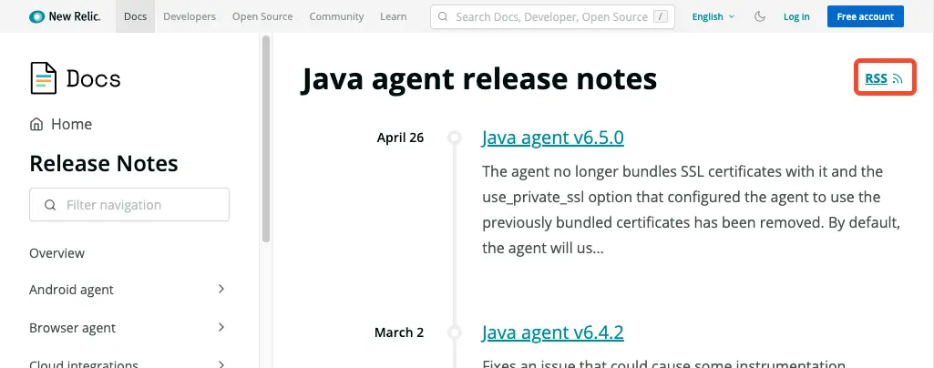 Java agent RSS feed on the release notes page