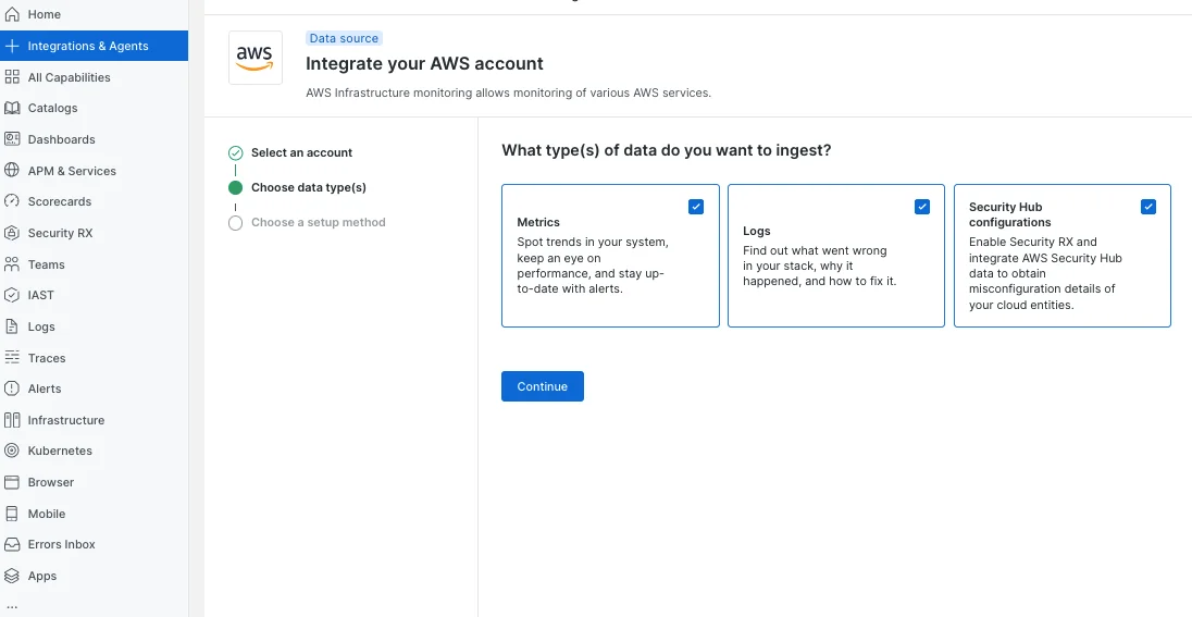 AWS integration setup Screenshot showing the AWS integration setup page with Security Hub configurations option selected