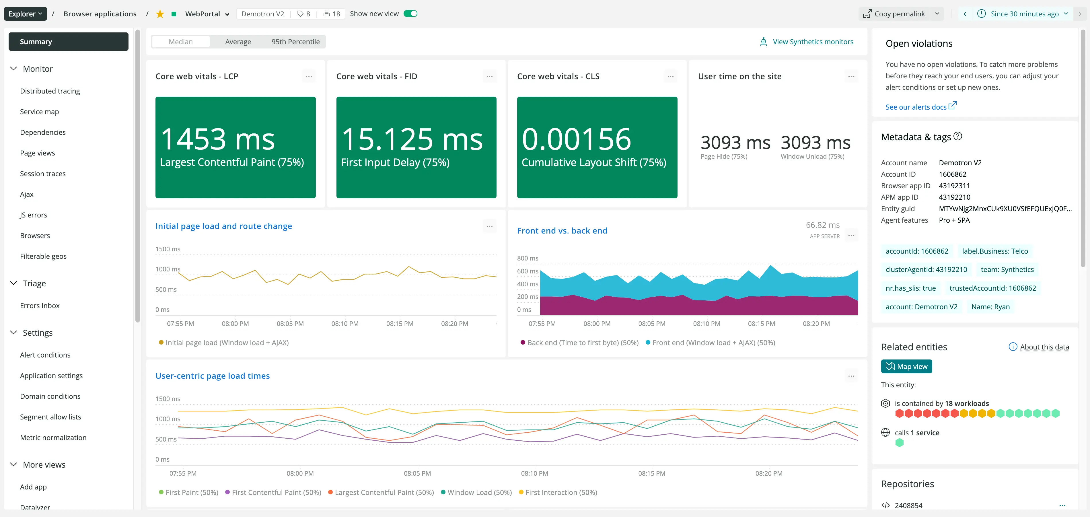 Screenshot showing core web vitals for browser monitoring