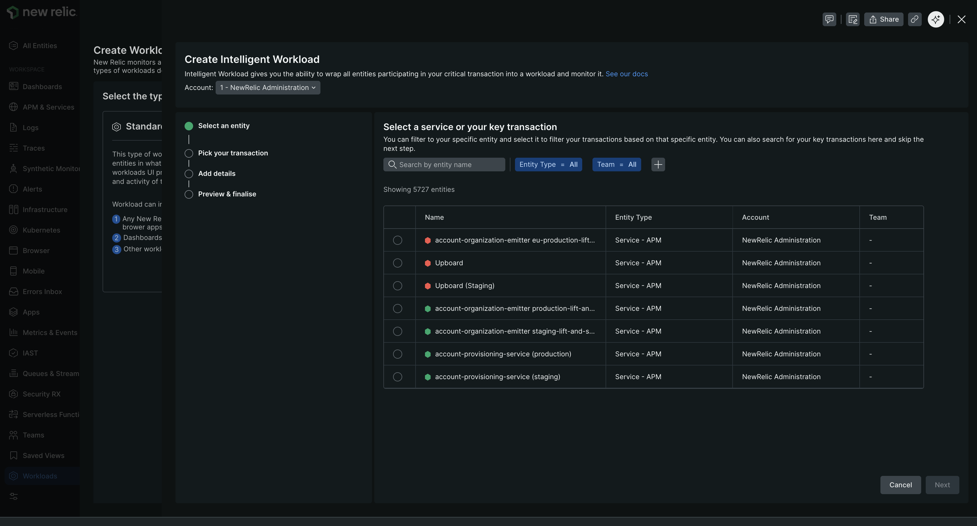Select Intelligent Workload type Screenshot showing workload type selection with Standard and Intelligent options