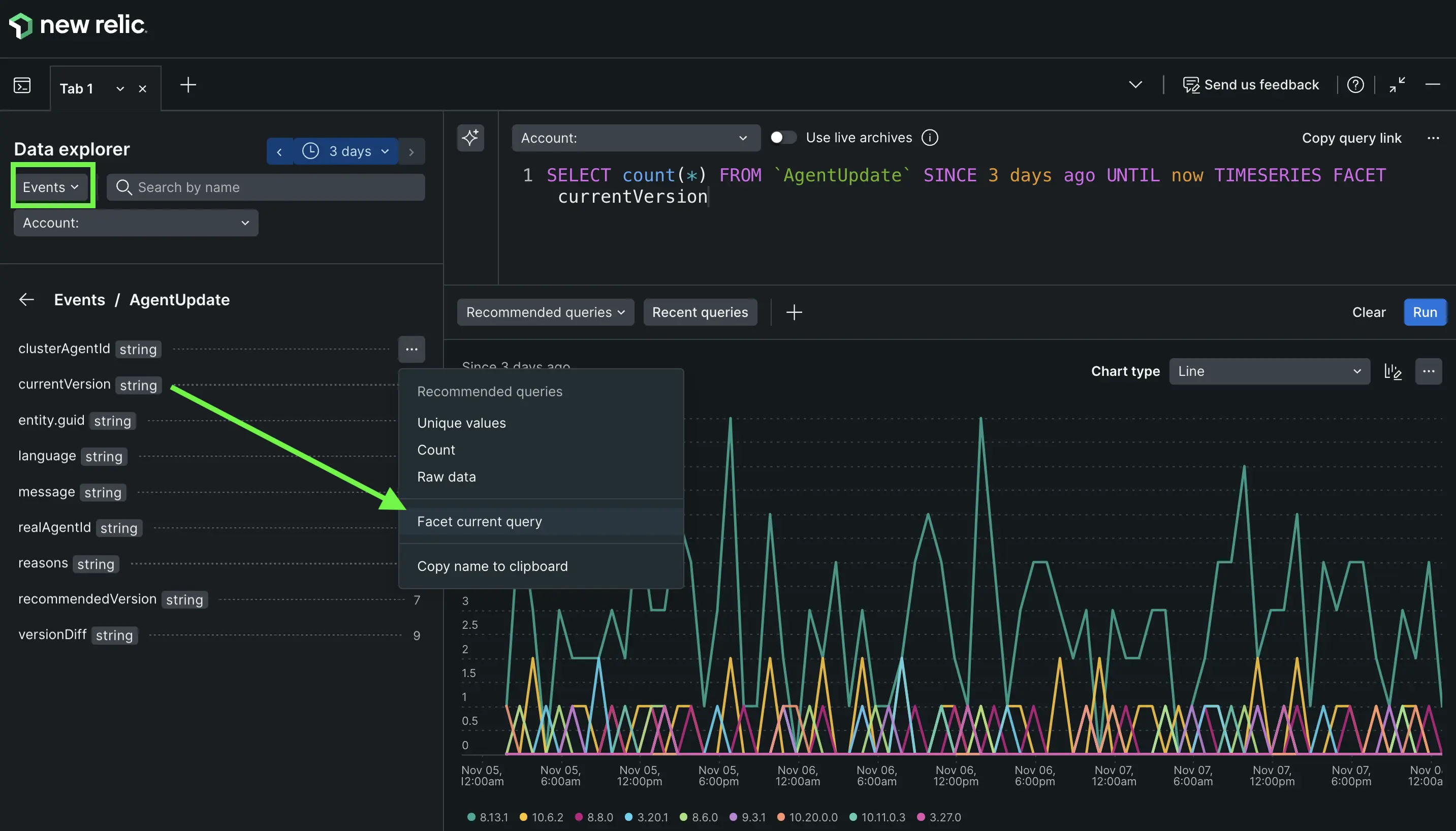 Screenshot showing the data explorer with events in New Relic.