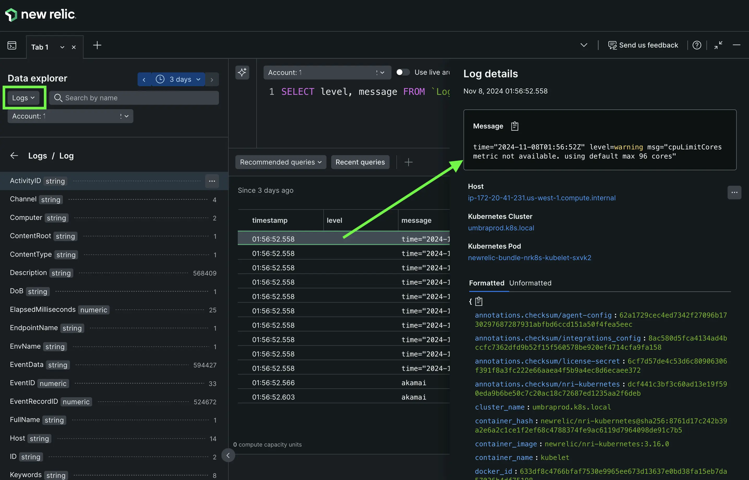 Screenshot showing the data explorer with logs in New Relic.