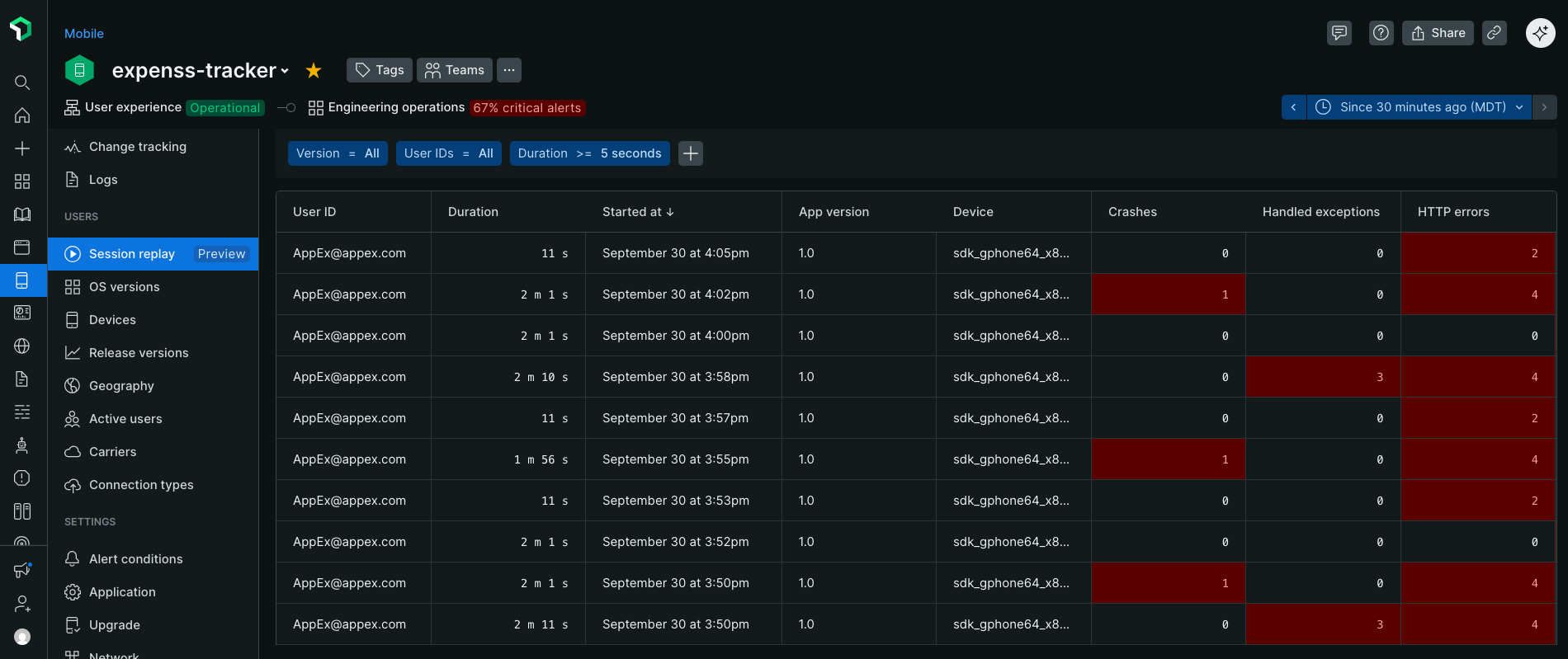 Mobile Session Replay listing page Mobile Session Replay listing page