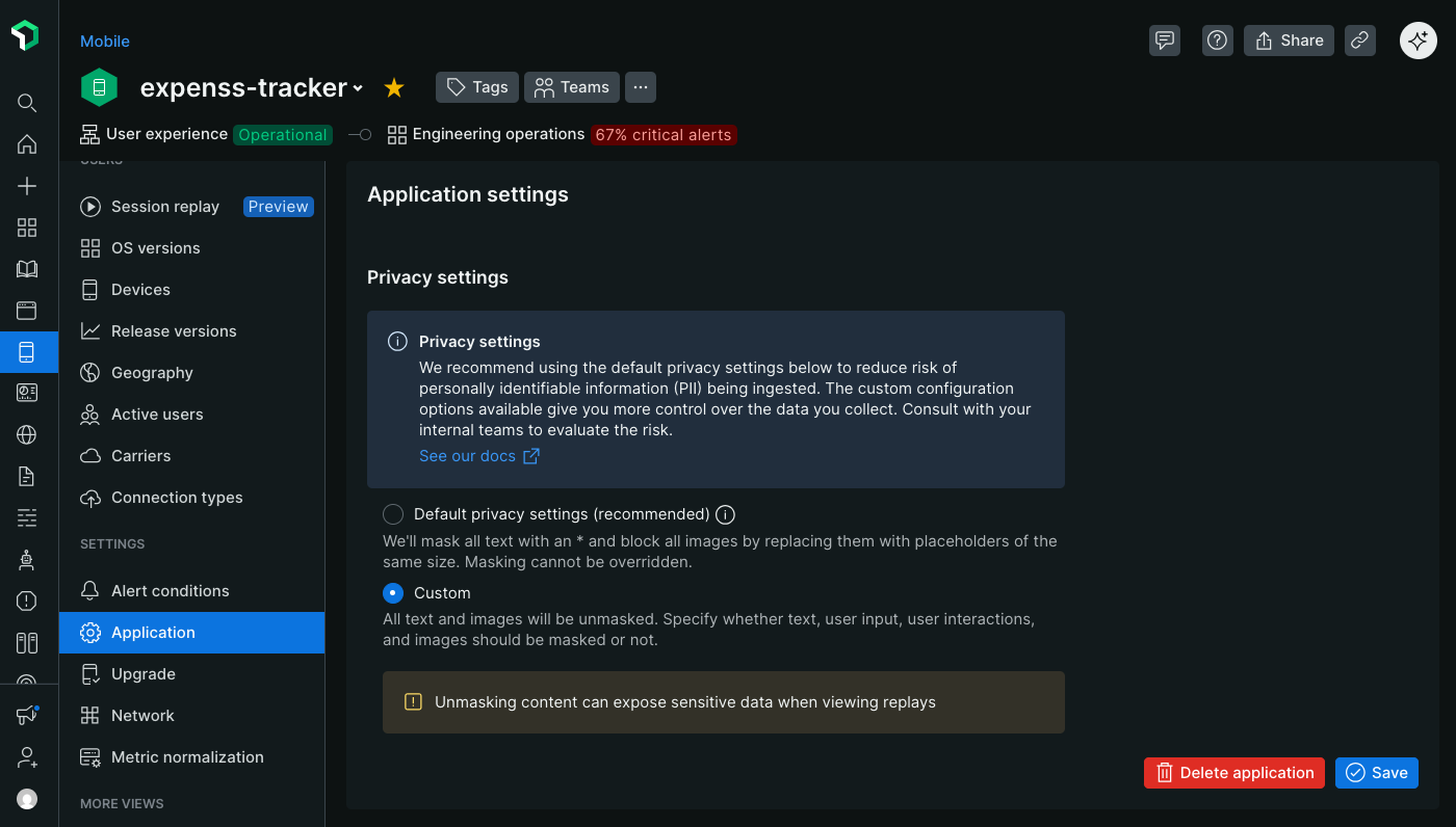 Mobile Session Replay masking strategies Mobile Session Replay masking strategy selection with Default and Custom options