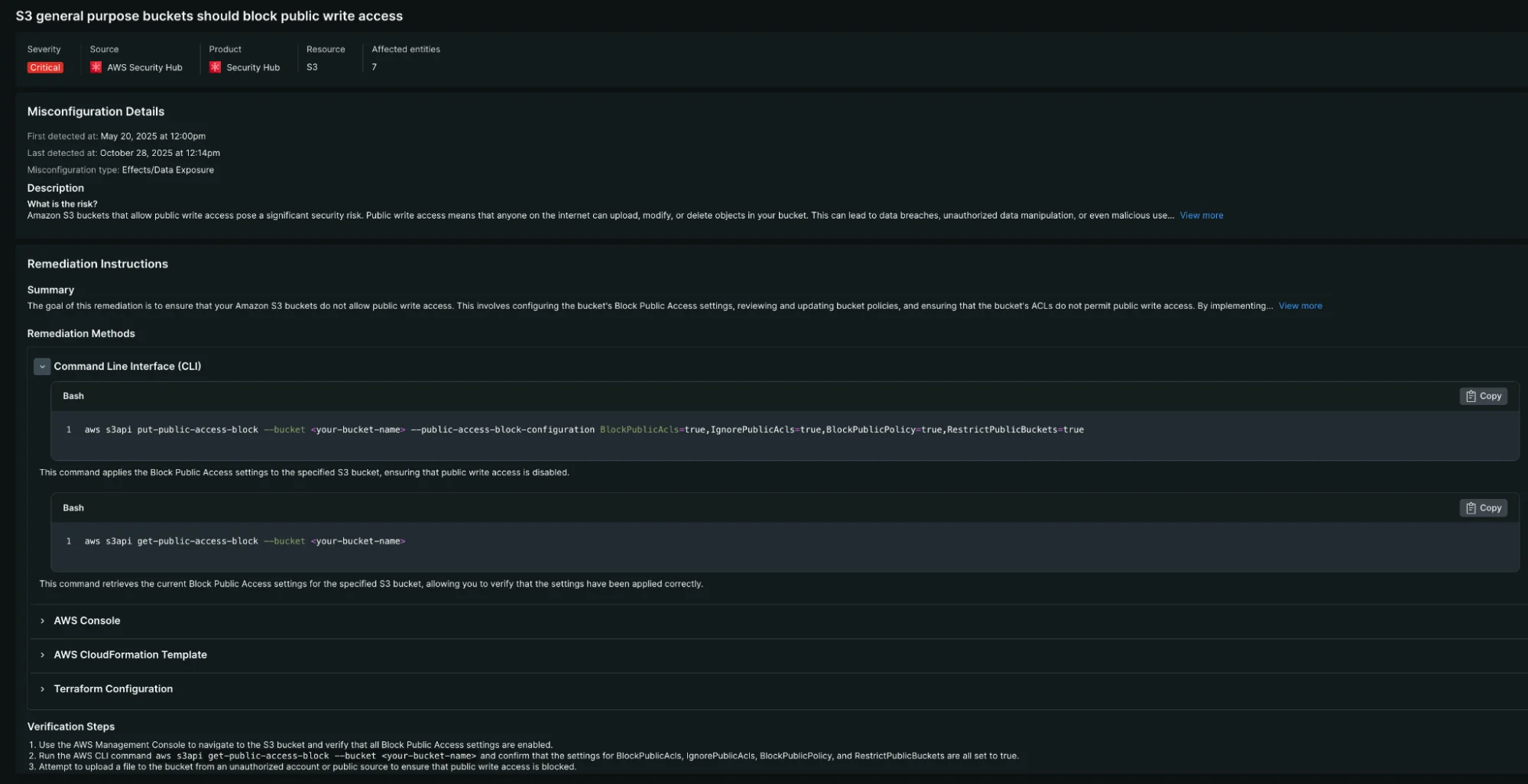S3 bucket misconfiguration remediation Screenshot showing detailed S3 bucket security misconfiguration with step-by-step remediation instructions including CLI commands and verification steps