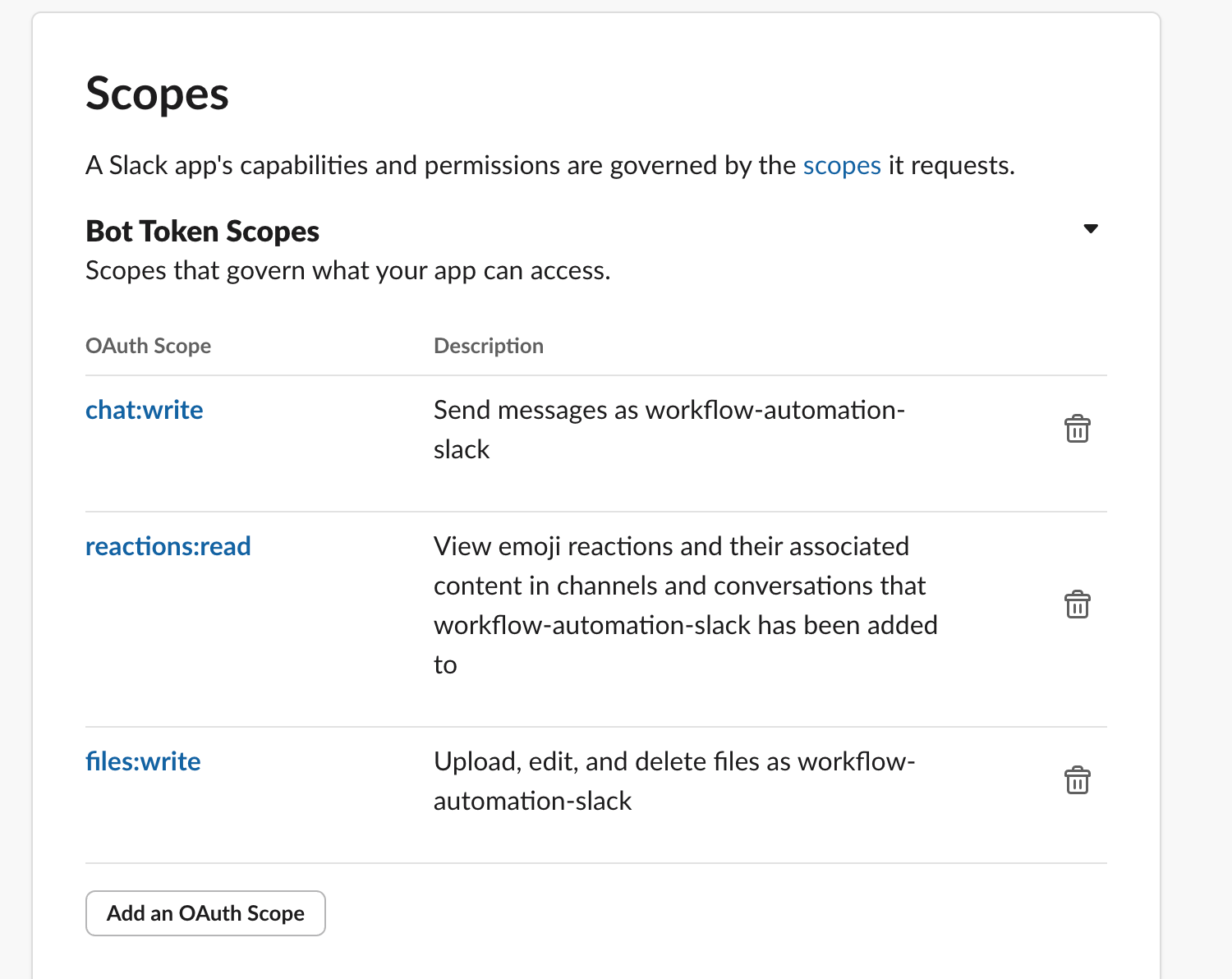 The image of the scope that needs to be added for workflow automation Slack actions.