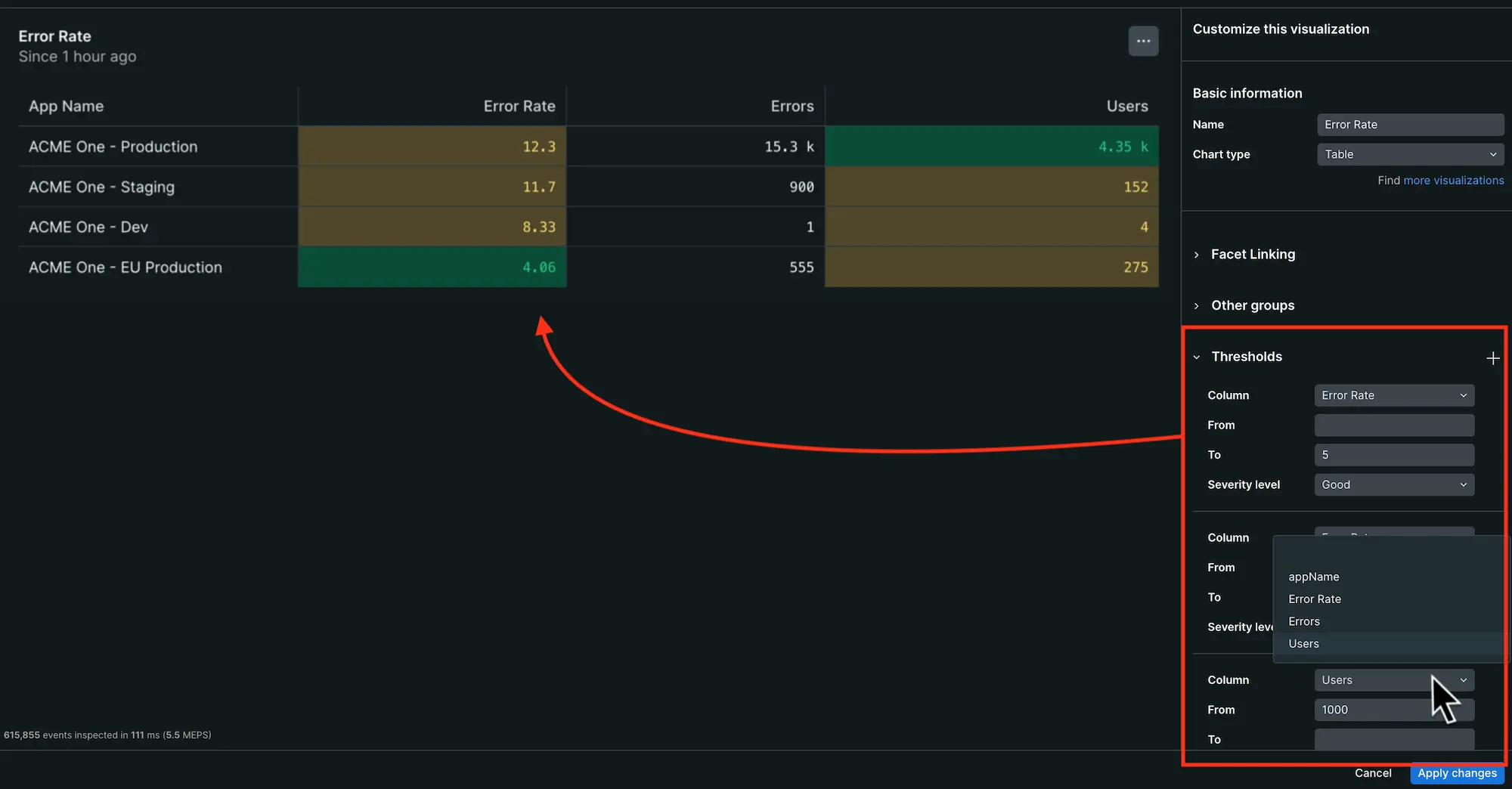 Setting thresholds in a table widget