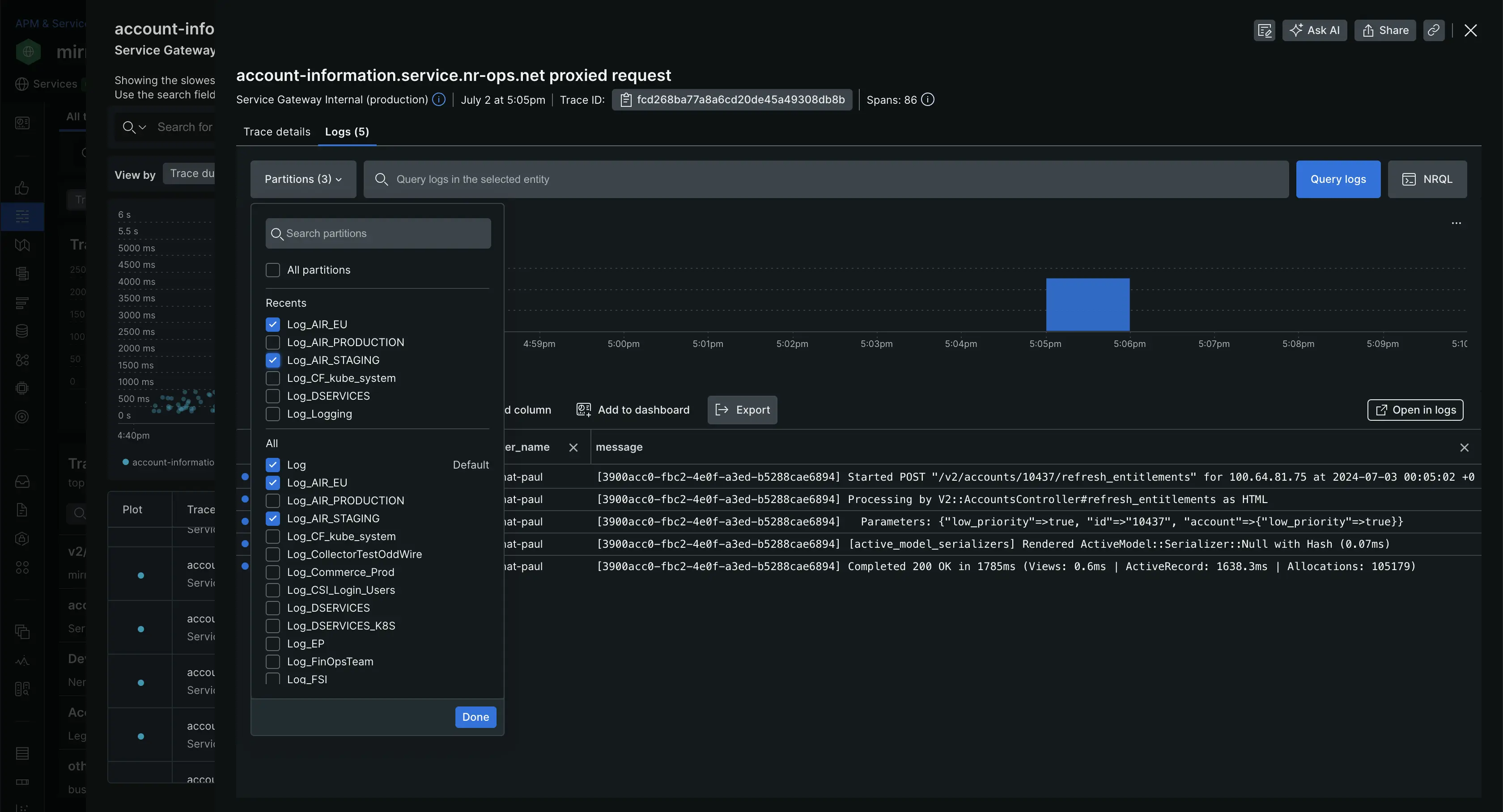 Data partition selection menu in traces logs in context.